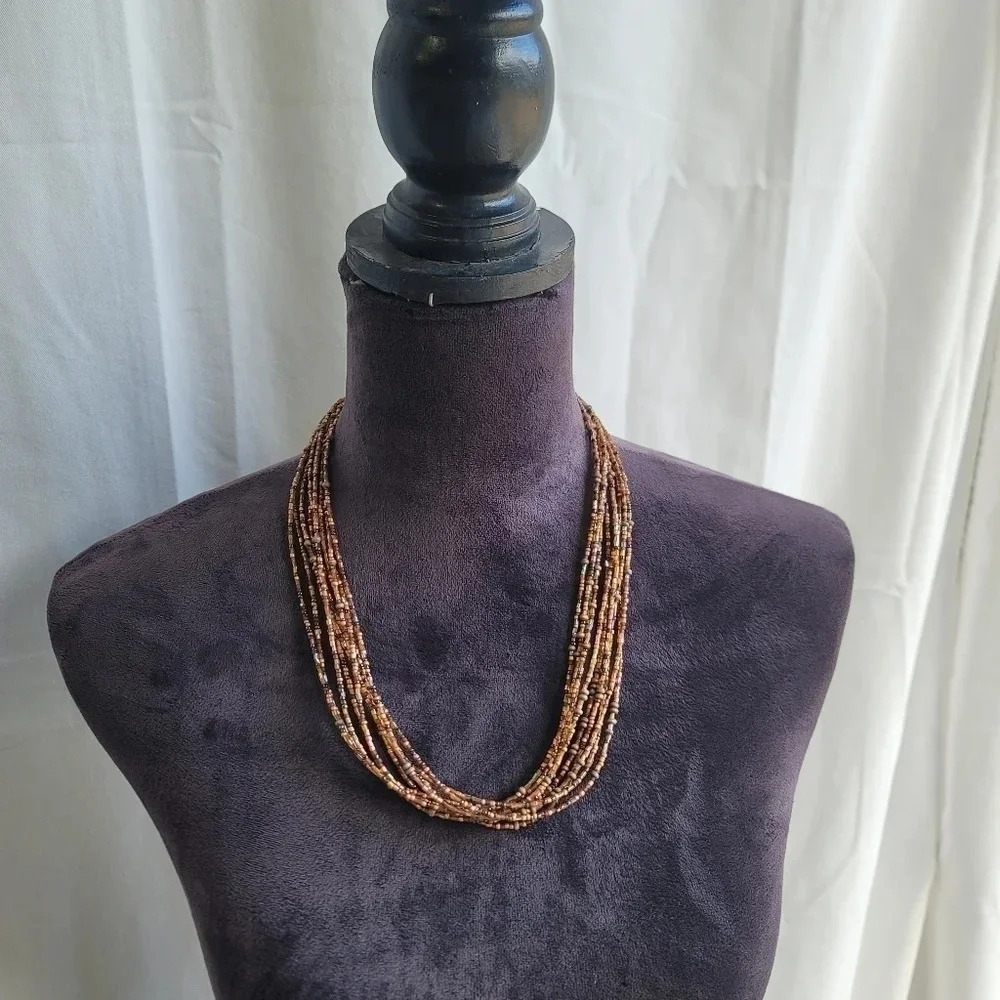 Silver Tone Brown Glass Seed Bead Multi Strand Fashion Necklace 20"+3"
